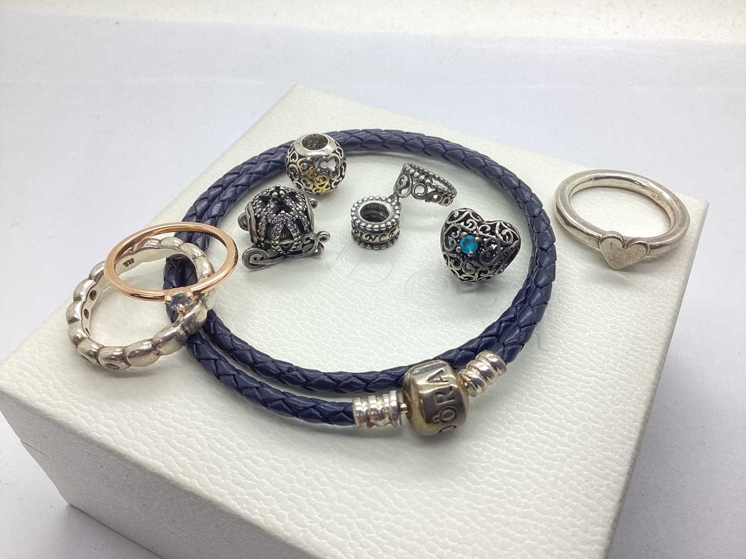 Lot 123 - Pandora; Blue Braided Leather Wrap Bracelet,...