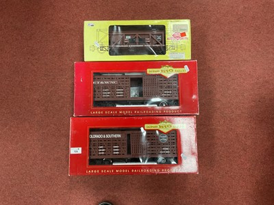 Lot 725 - Three 'G' Gauge/10mm Boxed Bogie Freight Cars,...