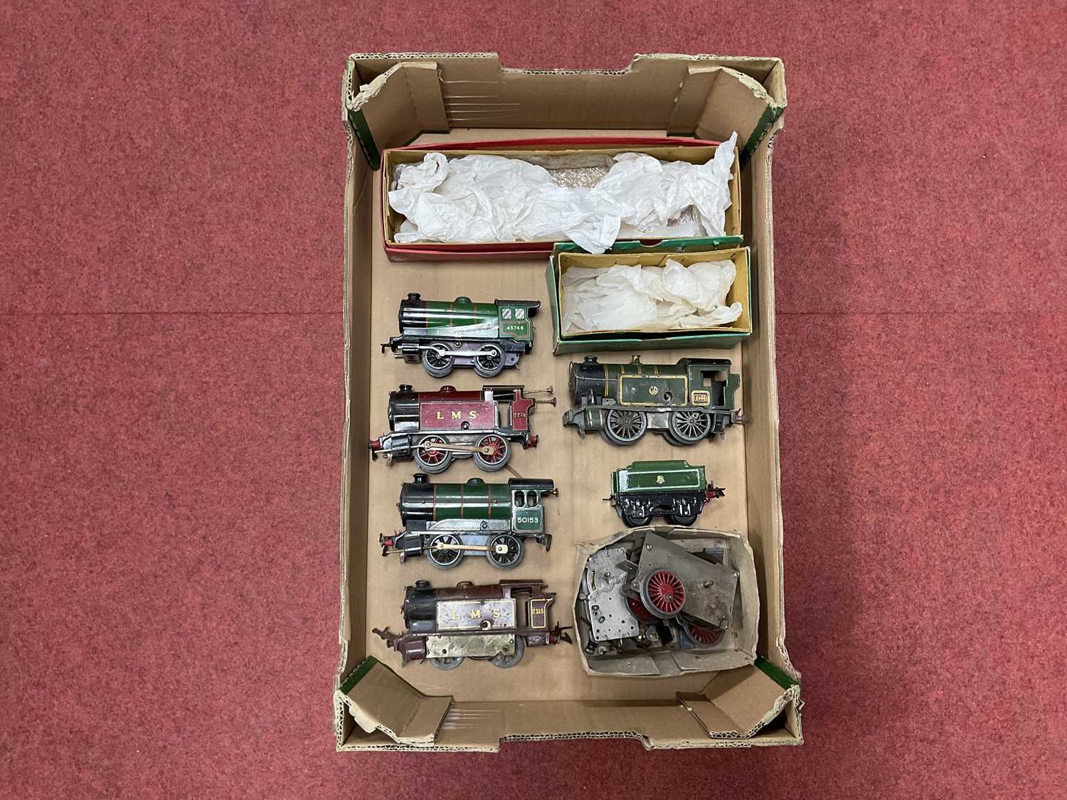 Lot 405 - Five vintage Hornby tinplate 0 gauge 0-4-0...