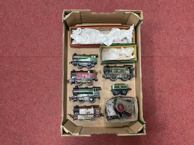 Lot 405 - Five vintage Hornby tinplate 0 gauge 0-4-0...