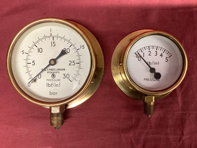 Lot 909 - Two Brass Pressure Gauges, one four inch (4")...