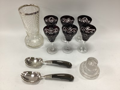 Lot 1270 - Six Ruby Red Etched Wine Glasses, an Edwardian...