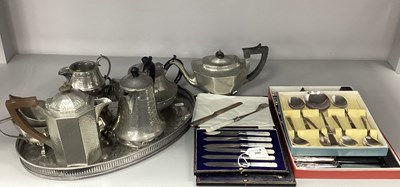Lot 200 - Art Deco Style Pewter Tea Sets, a plated oval...