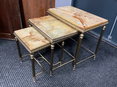 Lot 1532 - XX Century Brass Nest of Tables, with onyx tops.