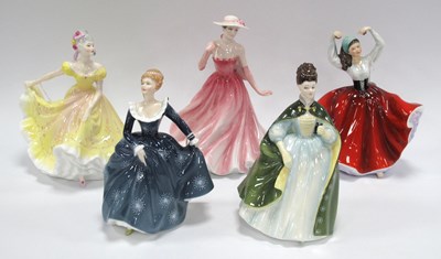 Lot 1225 - Five Royal Doulton Figurines, Karen HN 2388,...
