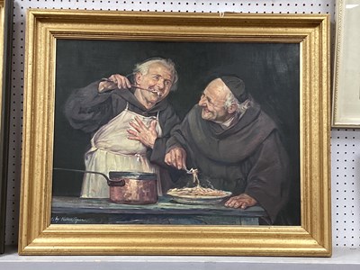 Lot 1474 - Nunez Segura, two monks eating spagherri, oil...