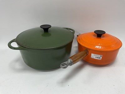 Lot 1436 - Le Creuset Orange Enamel Lidded Pan Stamped...
