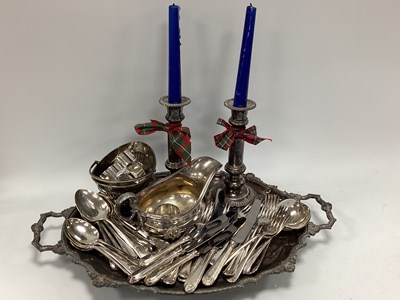 Lot 1278 - Plated Tray, Candlesticks, sauce boat, basket,...
