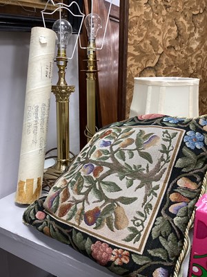 Lot 1060 - Two Brass Table Lamps with shades, cushion,...