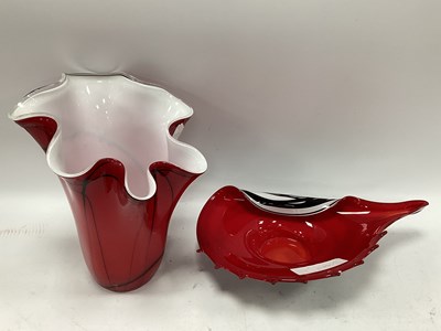 Lot 1164 - Red Art Glass Vase with a wavy rim, black...