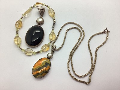 Lot 184 - Pearl and Hardstone Drop Pendant, on a 925...