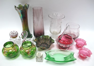 Lot 1170 - Cranberry Basket and Pair of Salts, daffodil...