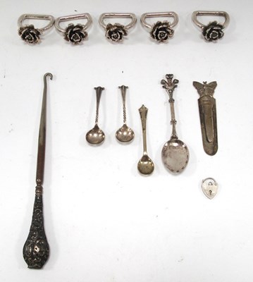 Lot 1332 - Silver Butterfly Bookmark, three salt spoons,...