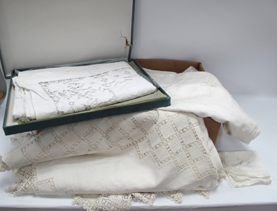 Lot 1372 - A White Linen Crochet Inset Tablecloth,...