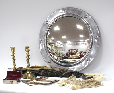 Lot 1347 - Brass Candlesticks, Bamforth postcards, razors,...