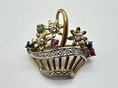 Lot 100 - A 9ct Gold Diamond and Stone Set Floral Basket...