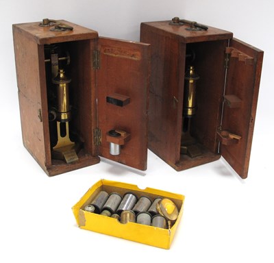 Lot 1365 - R & J Beck of London, brass microscopes (x2)...