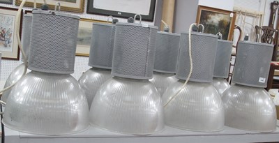 Lot 1469 - Eight Grey Painted Metal Industrial Style Spot...