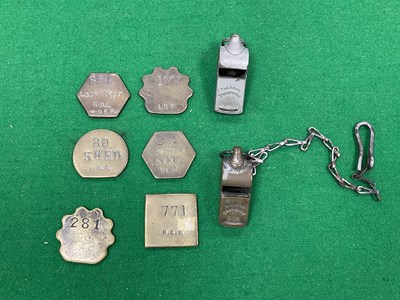 Lot 301 - Railwayana - Six Brass Paycheck Tokens and...
