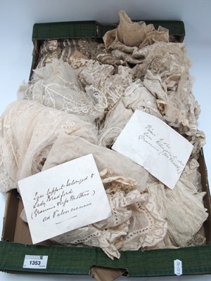 Lot 1353 - Linens including old lace, Victorian silk and...