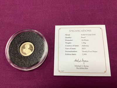 Lot 668 - 2025 9ct Gold Proof Alderney 25p Coin, total...