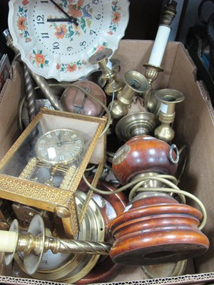 Lot 1080 - Brass Candlesticks, copper pail, clocks, etc:-...