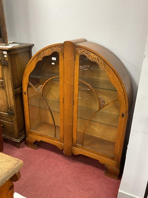 Lot 1580 - 1930s Oak China Cabinet with arched top, wavy...