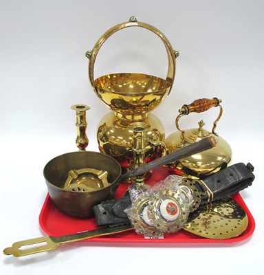 Lot 1436 - Brass Fire Iron Holder, kettle with amber...