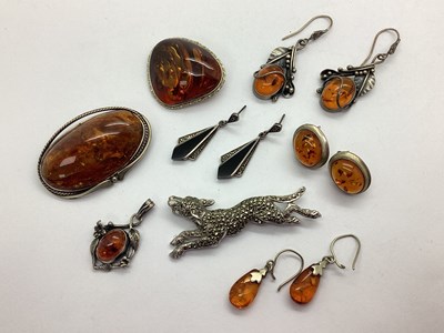 Lot 199 - Amber Inset Sinuous Drop Earrings, with...