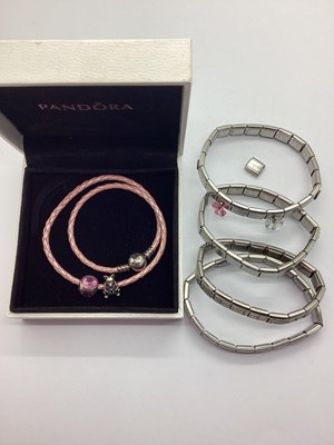 Lot 201 - Pandora; Moments Pink Woven Leather Bracelet,...