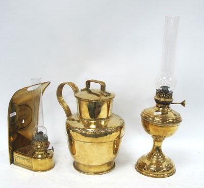 Lot 1465 - Brass Oil Lamp, lidded jug 28.5cm tall (3).