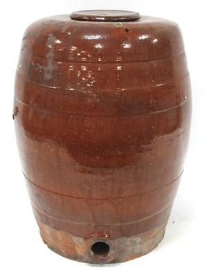 Lot 1469 - Brown Glazed Earthenware Barrel, with lid and...