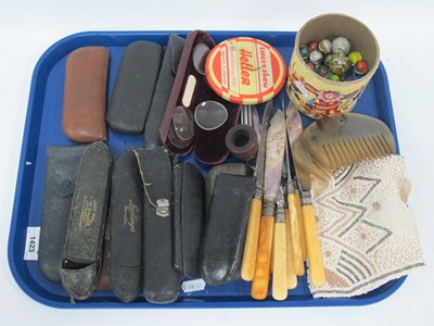 Lot 1423 - Marbles, cutlery, glasses, cases, beaded bag,...