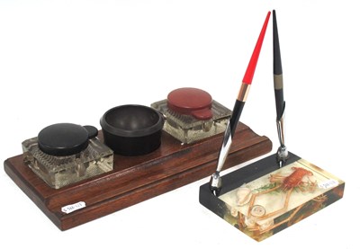 Lot 1449 - A Circa 1930s Oak Inkstand with Bakelite Lids...