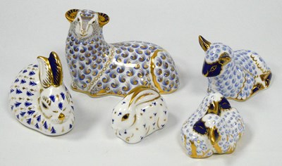 Lot 1038 - Five Royal Crown Derby Porcelain Paperweights,...