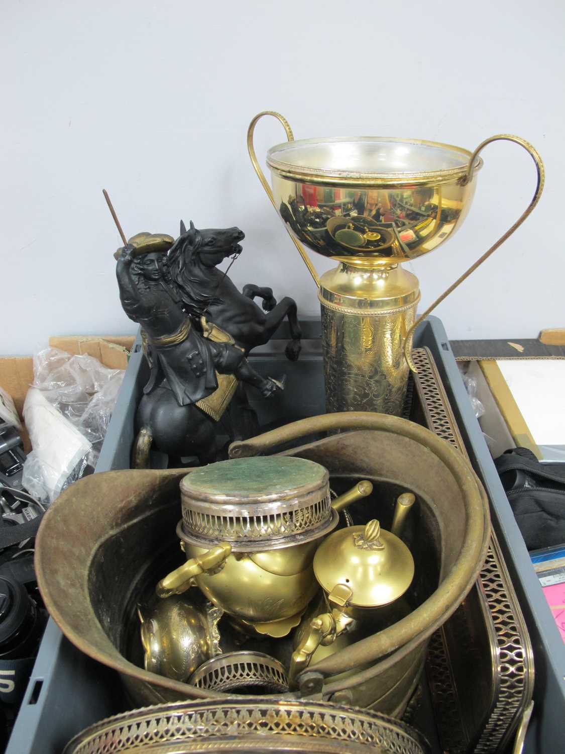 Lot 1044 - Plated Tray, Spelter Cavalier, trophy, tea