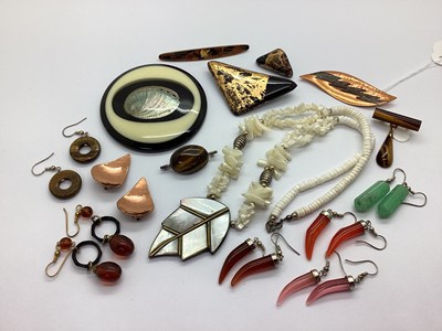 Lot 155 - Moda Copper Broch and Clip on Earrings, shell...