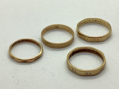 Lot 62 - Four 9ct Gold Band Rings, inside two engraved "...