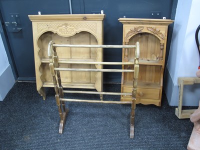 Lot 1592 - Two Pine Wall Racks, the widest 65cm and towel...