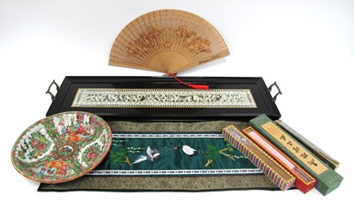 Lot 1366 - Oriental; Needlework Panel, featuring temple...