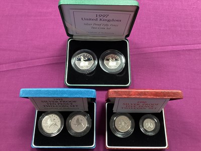 Lot 625 - Three Royal Mint GB Silver Proof Two Coin Sets,...