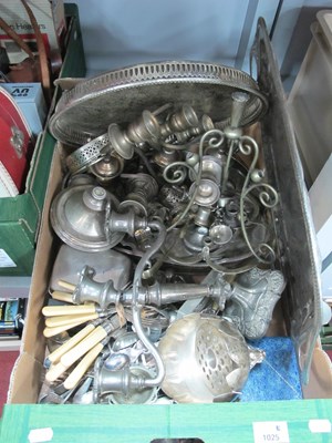 Lot 1025 - Plated Candlesticks, whisky flask, tankard,...