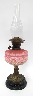 Lot 1496A - A Victorian brass and pink glass table oil...