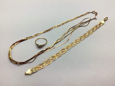 Lot 56 - A Tri-Colour Plaited Flat Link Bracelet,...