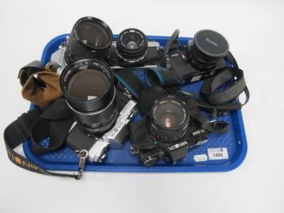 Lot 1433 - Cameras; Olympus OM10 with 50mm f/1.8, Pentax...