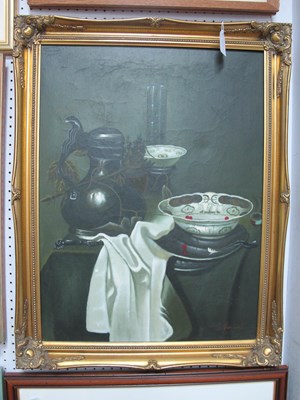 Lot 1521 - B. Freemont, Still Life of Jug, Bowl, oil on...