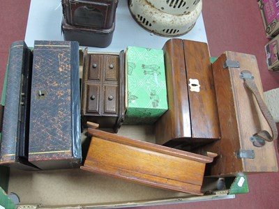Lot 1493 - A wooden jewellery box with purple felt fitted...
