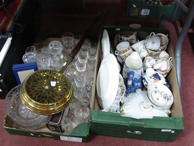 Lot 1483 - Glassware, ceramics, brass warming pan, etc:-...