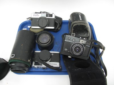Lot 1409 - Cameras; Canon AV-1 with 50mm f/1.8, Olympus...