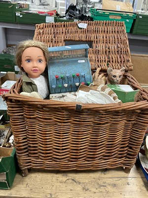 Lot 1121 - A Wicker Basket Containing Vintage Toys and...